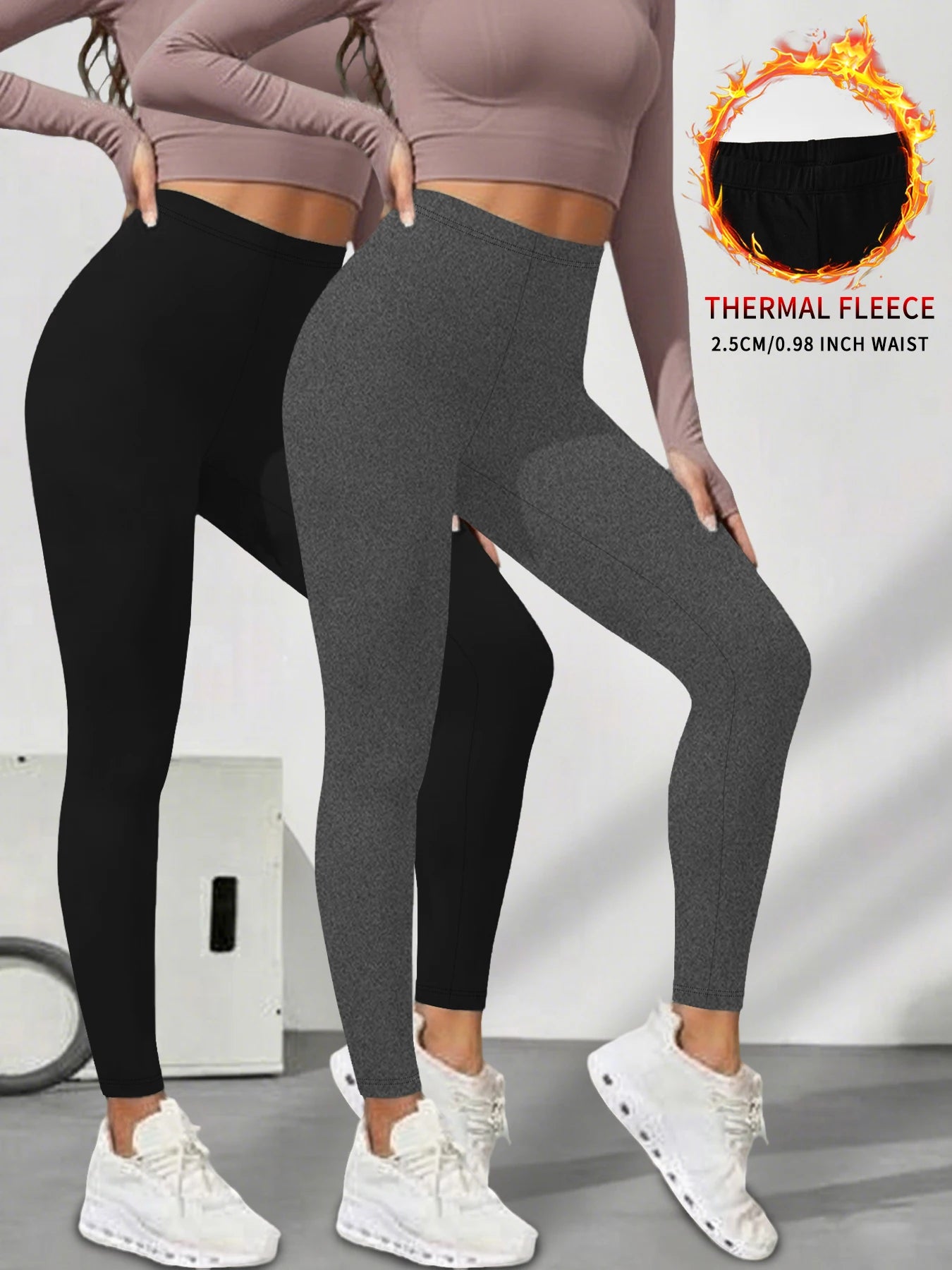 2er-Pack Damen-Leggings mit niedrigem Bund aus Fleece und Thermotechnologie. Für Winterlauf und Yoga konzipiert, hält während des Trainings warm