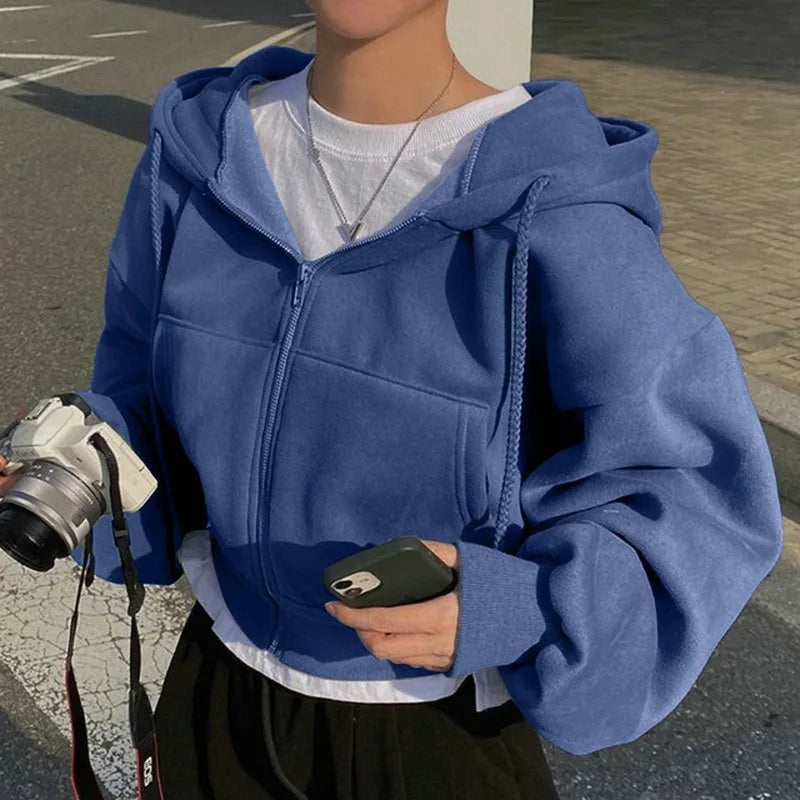 Damen Sweatshirt mit Fleece-Futter, vielseitig, kurz geschnitten, schlanke Passform, glatte Silhouette, Reißverschluss, warm, mit Kapuze