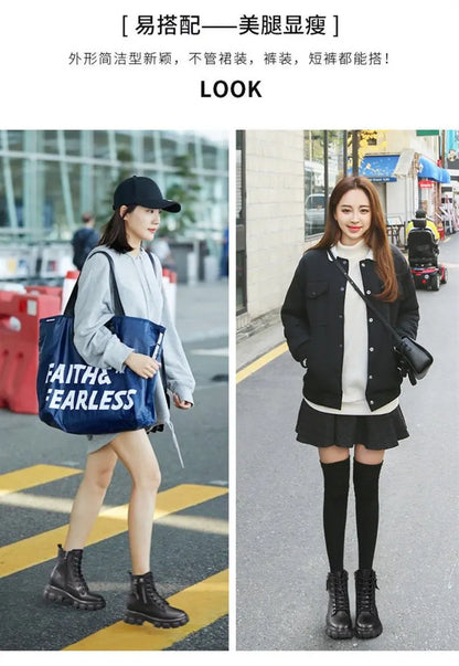 Stiefeletten 2025 Neuer koreanischer Stil mit Fleece gefüttert, Herbst-Winter High-Top Baumwollschuhe, Damenstiefel mit hohem Absatz, mittelhohe Stiefel