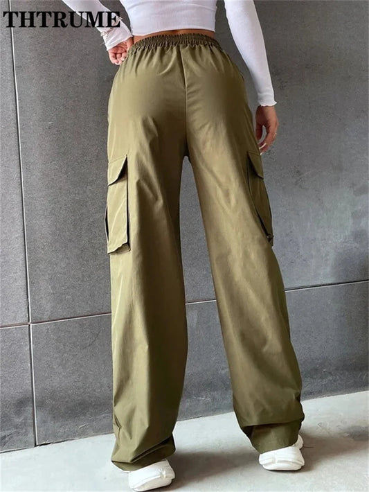Vintage Streetwear Cargo-Hosen Mode Damen Einfarbig Oversized Tasche Hohe Taille Baggy Hose Lässig Hip-Hop Gerade Neue Hose