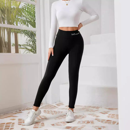 Winter Damen Warme Leggings Plüschgefütterte Thermohose Verdickte Buchstaben Stickerei Schlanke Elastische Strumpfhosen