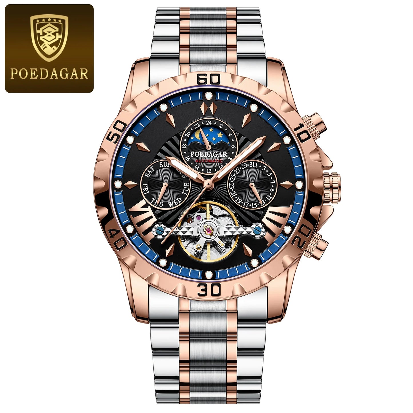POEDAGAR Luxus Automatische Mechanische Herren Uhr Hohler Tourbillon Wasserdicht Leuchtend Männliche Uhr Woche Datum Geschäftsmänner Uhren