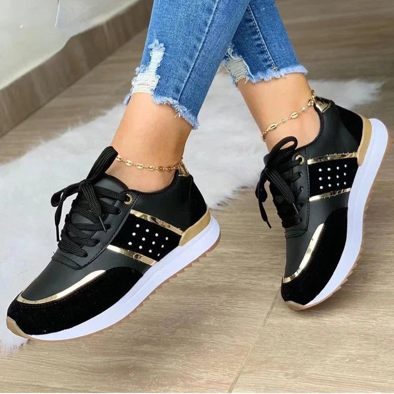 Neue Damensneaker Plateauschuhe Leder-Patchwork Freizeit-Sportschuhe Damen Outdoor-Laufschuhe Vulkanisierte Schuhe Zapatillas Mujer