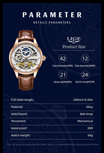 Neue LIGE Skelett Mechanische Automatik-Uhr Herren Tourbillon Sportuhr Freizeit Business Mond Armbanduhr Relojes Hombre