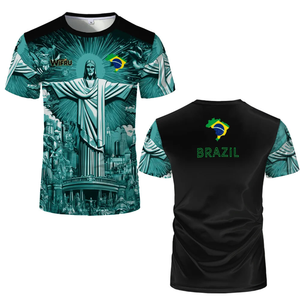 Brasilianische Flagge+Jesus 3D-Druck Sport Schnell trocknend Atmungsaktiv Herren Damen T-Shirt Outdoor Street Kurzarm