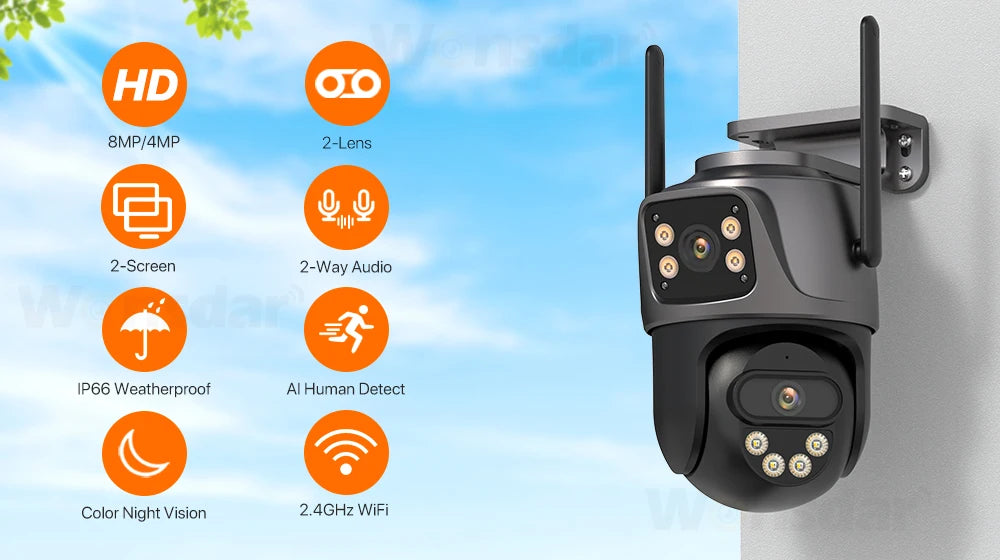WONSDAR 4K PTZ WIFI Kamera Doppellinse Doppeltbildschirm IP Kamera Außenbereich HD Automatische Verfolgung Sicherheitsüberwachung CCTV Überwachung iCSee