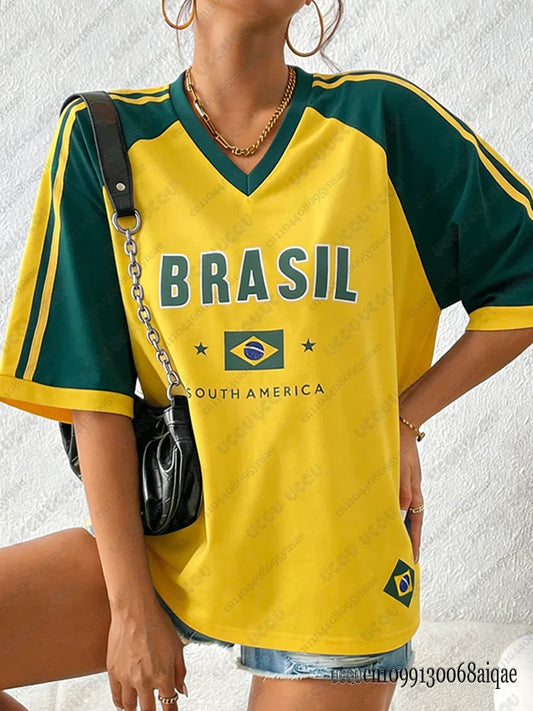 Sommer Neues Brasilien T-Shirt für Frauen Patchwork V-Ausschnitt Kurzarm T-Shirts  Übergröße Y2K Street Tops