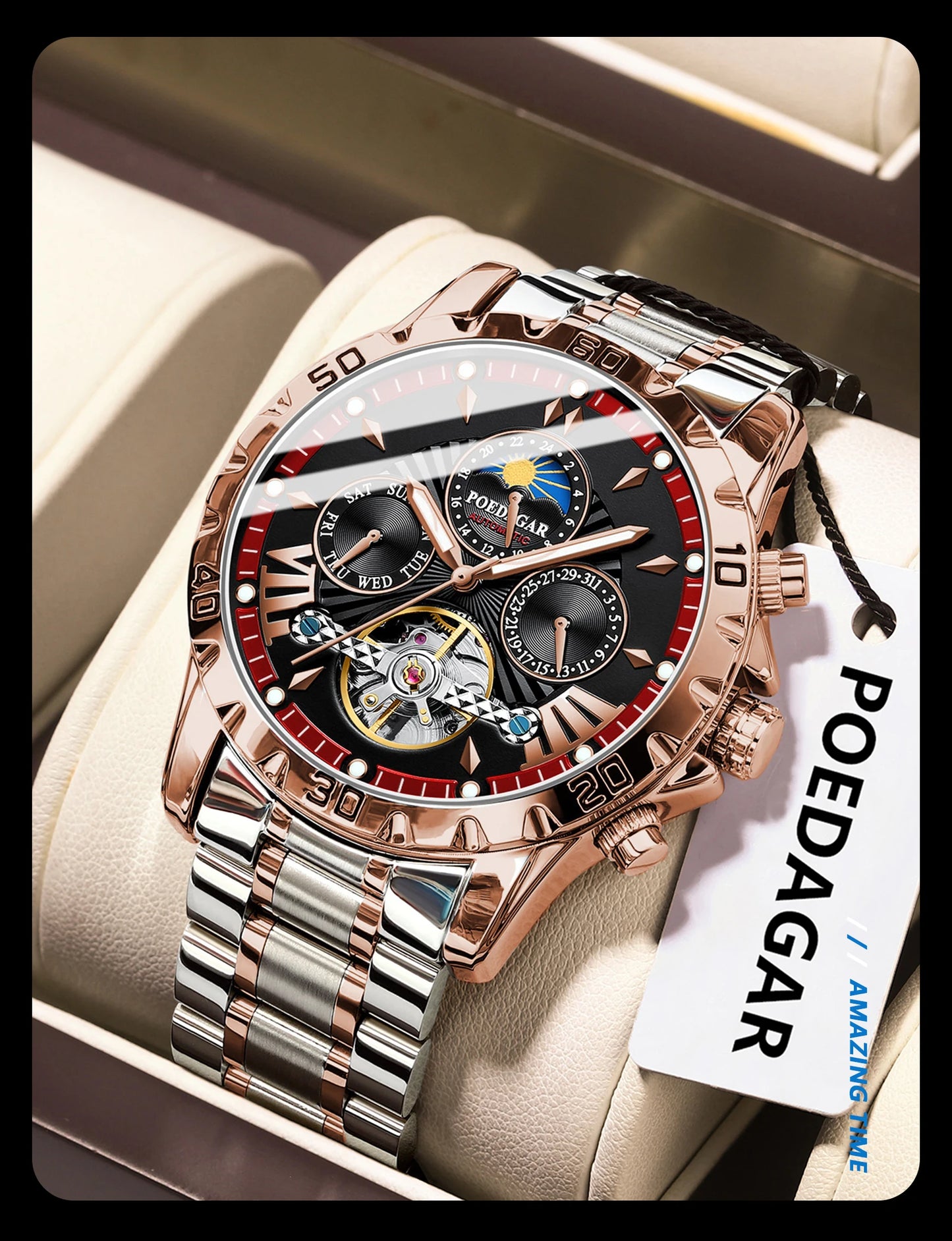 POEDAGAR Luxus Automatische Mechanische Herren Uhr Hohler Tourbillon Wasserdicht Leuchtend Männliche Uhr Woche Datum Geschäftsmänner Uhren