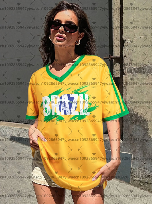 2026 Sommer Frauen Brasilien Team V-Ausschnitt Kurzarm T-Shirt Tee Tägliche Oberteile Damen T-Shirts Damenbekleidung