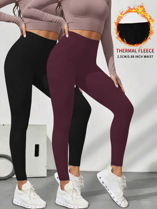 2er-Pack Damen-Leggings mit niedrigem Bund aus Fleece und Thermotechnologie. Für Winterlauf und Yoga konzipiert, hält während des Trainings warm