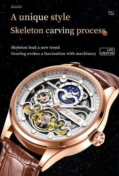 Neue LIGE Skelett Mechanische Automatik-Uhr Herren Tourbillon Sportuhr Freizeit Business Mond Armbanduhr Relojes Hombre