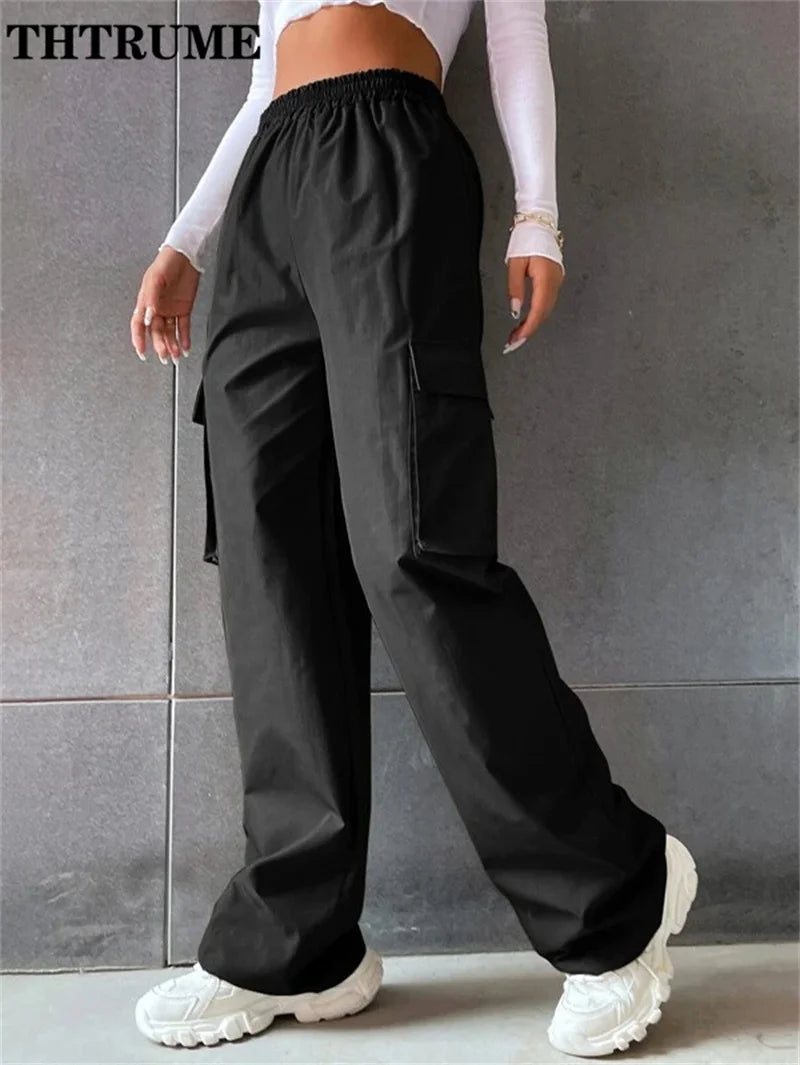 Vintage Streetwear Cargo-Hosen Mode Damen Einfarbig Oversized Tasche Hohe Taille Baggy Hose Lässig Hip-Hop Gerade Neue Hose