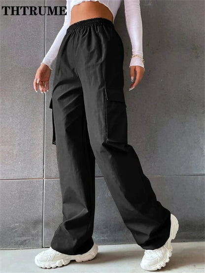 Vintage Streetwear Cargo-Hosen Mode Damen Einfarbig Oversized Tasche Hohe Taille Baggy Hose Lässig Hip-Hop Gerade Neue Hose