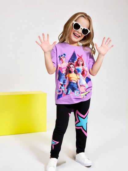 Frühling/Sommer Mädchen Mode Zweiteiliges Set, K-Pop Cartoon Anime 3D Druck Rundhalsausschnitt T-Shirt Enganliegende Hose Set