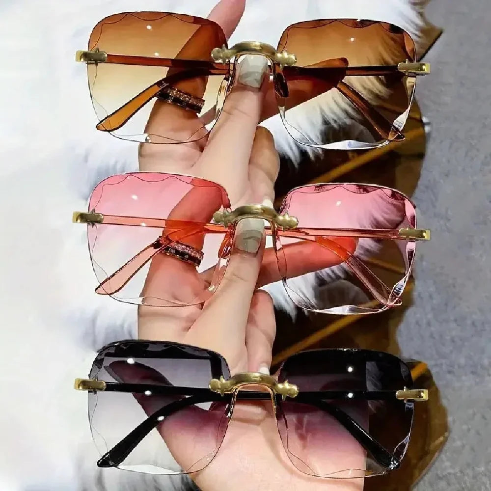 Quadratische randlose Sonnenbrille für Damen, Luxusmarken-Designer, Sommer, rote Gläser, modische Sonnenbrille für Herren, UV400-Schutz, Shades Oculos