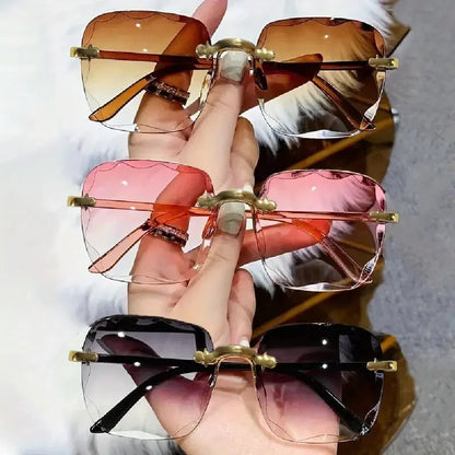 Quadratische randlose Sonnenbrille für Damen, Luxusmarken-Designer, Sommer, rote Gläser, modische Sonnenbrille für Herren, UV400-Schutz, Shades Oculos