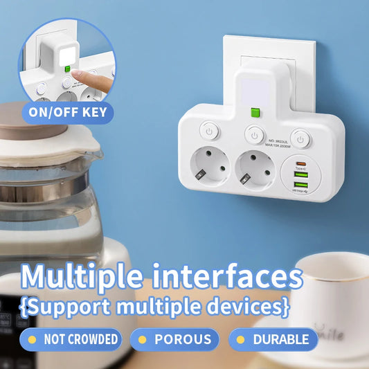EU-Steckdosenleiste mit 4 Steckdosen, Mehrfachsteckdose, Wandstromleiste, elektrische Steckdose, 2 USB- und 1 Typ-C-Anschlüsse, ohne Verlängerungskabel, mit maximal 2500W Leistung