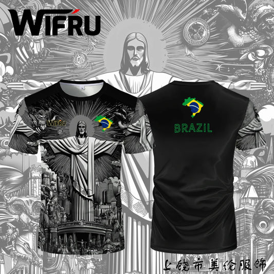 Brasilianische Flagge+Jesus 3D-Druck Sport Schnell trocknend Atmungsaktiv Herren Damen T-Shirt Outdoor Street Kurzarm