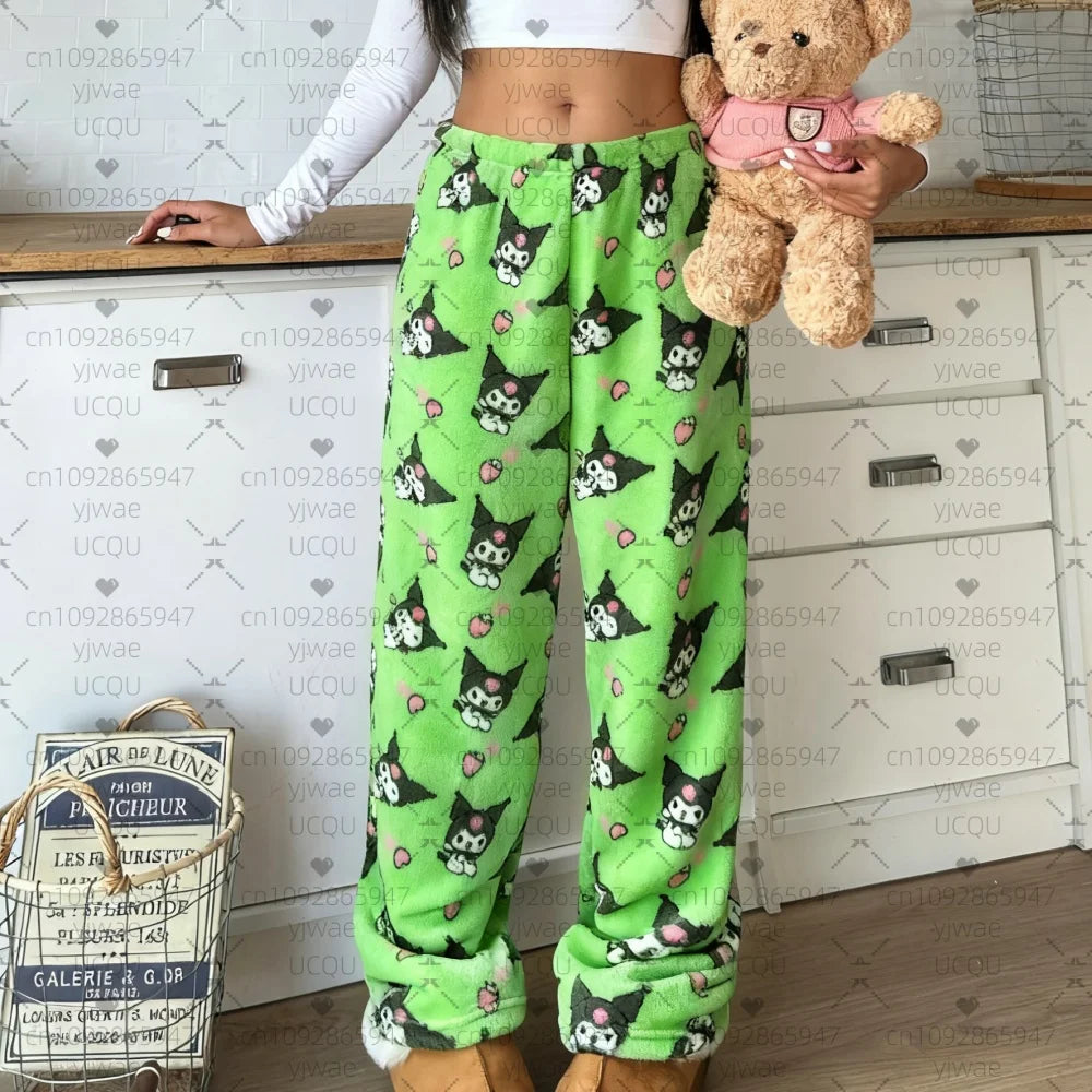 2025 Winter Frauen Halloween Kawaii Kuromi Plüsch Pyjamahosen Weiche Hosen Süße Frauen Lässige Zuhause Anime Cartoon Pyjamahosen