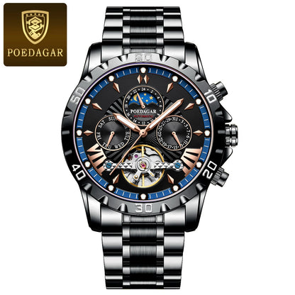 POEDAGAR Luxus Automatische Mechanische Herren Uhr Hohler Tourbillon Wasserdicht Leuchtend Männliche Uhr Woche Datum Geschäftsmänner Uhren