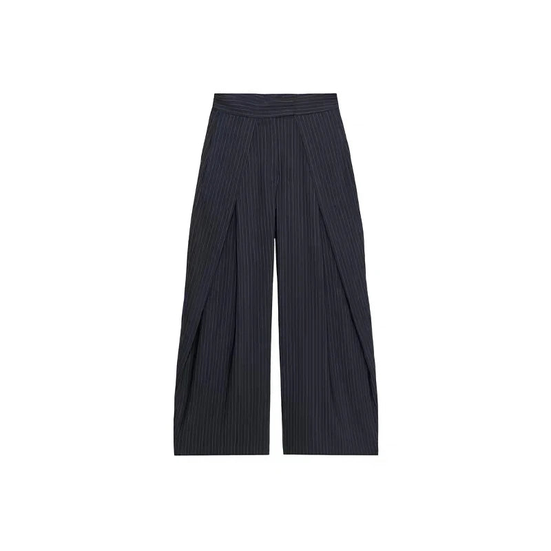 Elegante gestreifte, plissierte lange Hose für Frauen, locker, mit hoher Taille, Reißverschlusstaschen, Damenhose, Herbst 2025, für Büro und Alltag