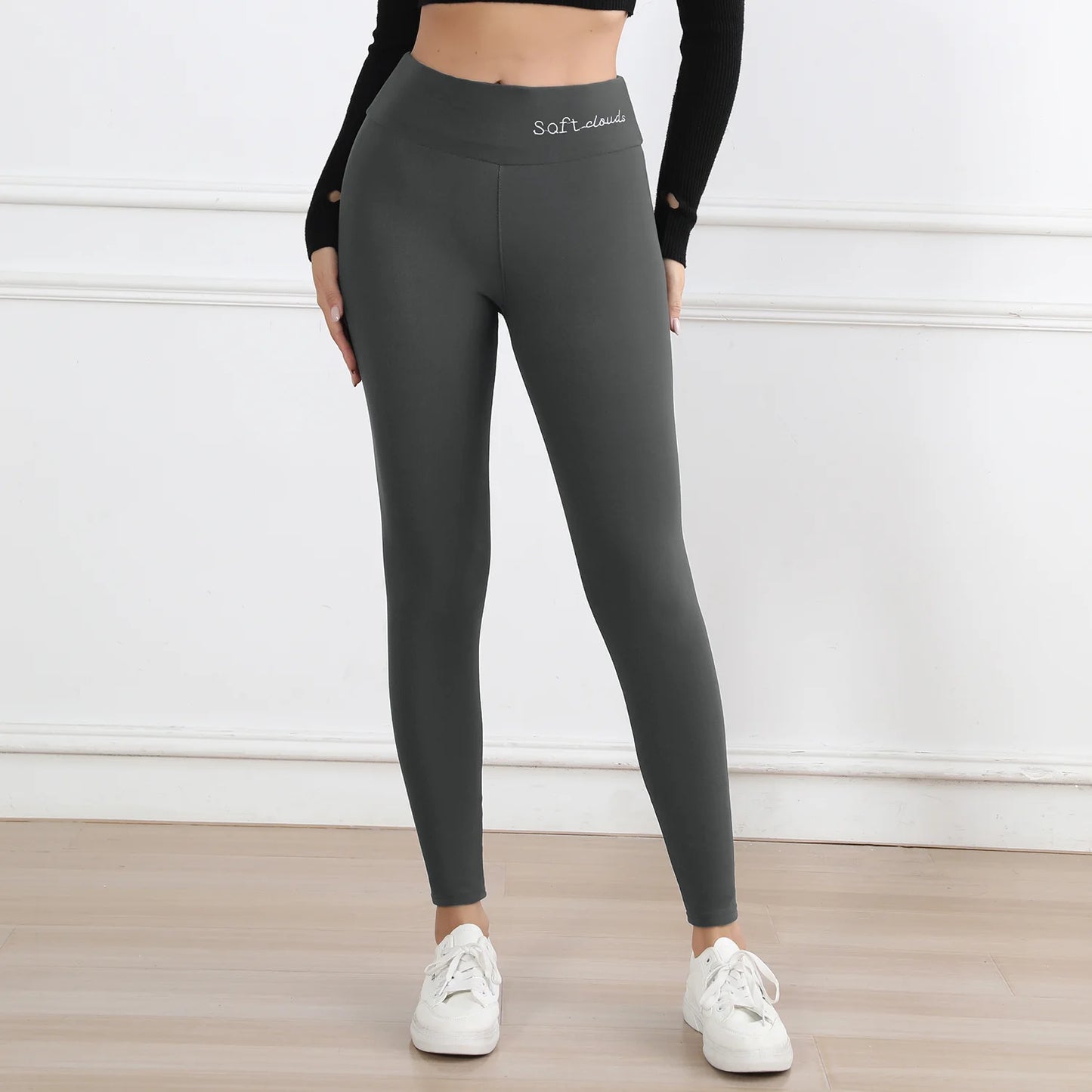 Damen warme Leggings mit Plüschfutter und Stickerei, modische dicke High-Waist Skinny-Hose, perfekt für Wintersport und Fitness