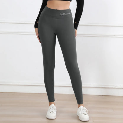 Damen warme Leggings mit Plüschfutter und Stickerei, modische dicke High-Waist Skinny-Hose, perfekt für Wintersport und Fitness