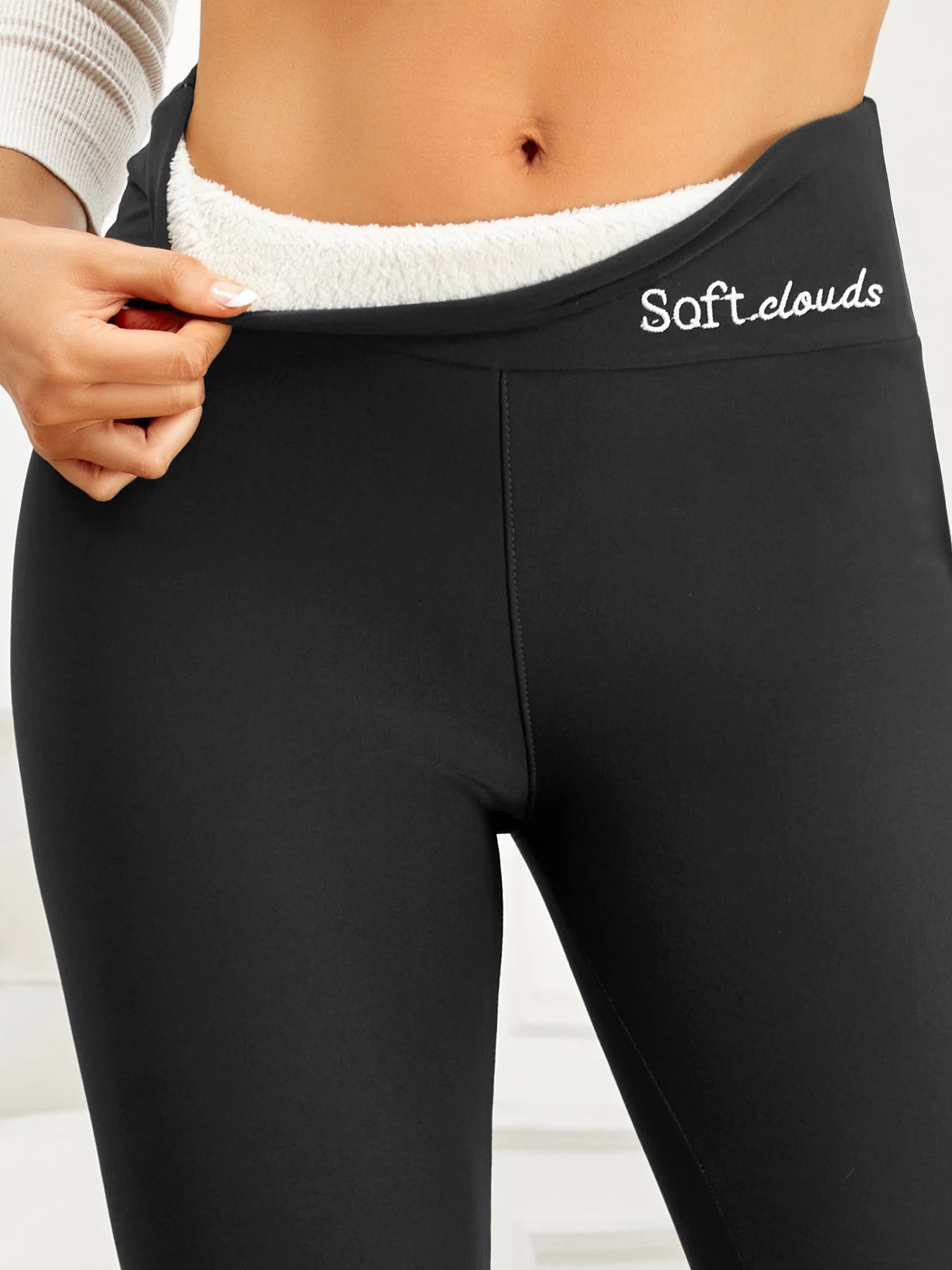 Damen warme Leggings mit Plüschfutter und Stickerei, modische dicke High-Waist Skinny-Hose, perfekt für Wintersport und Fitness