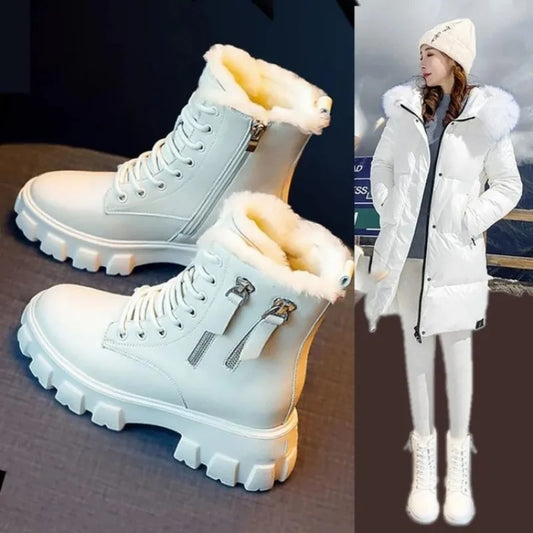 Stiefeletten 2025 Neuer koreanischer Stil mit Fleece gefüttert, Herbst-Winter High-Top Baumwollschuhe, Damenstiefel mit hohem Absatz, mittelhohe Stiefel