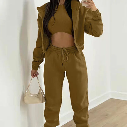 Damen 3-teilige Sets Anzug Lässig Langarm Hoodie Tanktop Jogginghose Sportliches Dreiteiliges Outfit