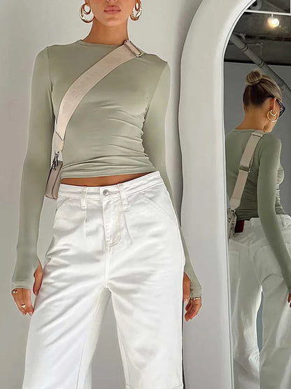 Damenmode T-Shirt mit langen Ärmeln, Rundhalsausschnitt, einfarbig, slim Fit, Crop-Top für Damen mit Daumenlöchern für den täglichen Streetwear-Sommer