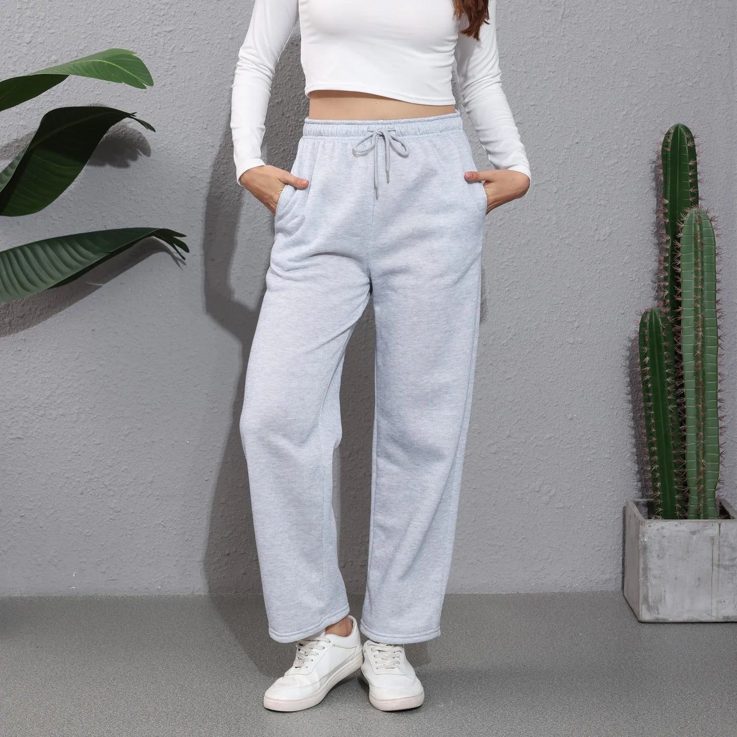 Weite Hosen für Frauen, Fleece-gefütterte Sweatpants, gerade Hosen, einfarbige Fitness-Jogginghosen, Reisezubehör-Basics