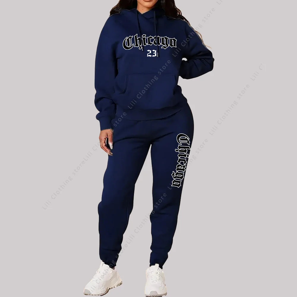 Damen Sets Hoodies Hosen 2-teilige Outfits Ästhetische Sportbekleidung Trainingsanzug Chicago Grafik Buchstaben Druck Plus Size Rosa Trainingsanzug