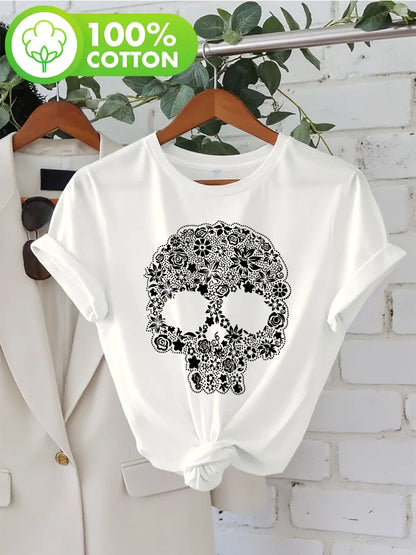 Damen Totenkopf Blumenmuster T-Shirt Modisch Lässiges Rundhals Kurzarm Oberteil Weißer Grund mit Schwarzem Blumenmuster Damenbekleidung