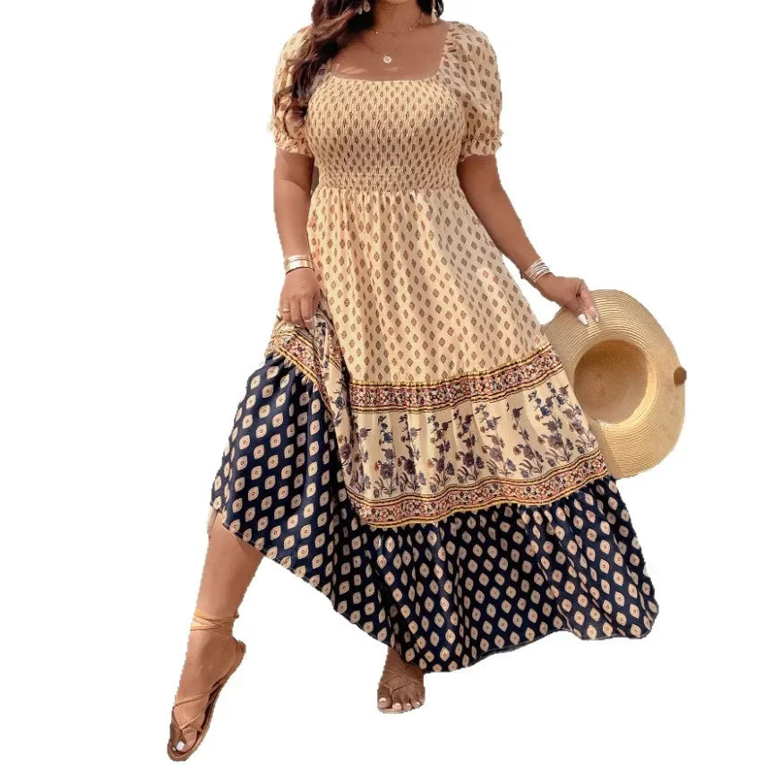 Großgröße Bohemian-Print Kurzarmkleid Große Größe Polyesterfaser Bedrucktes Muster Damenbekleidung Kurze Kleider