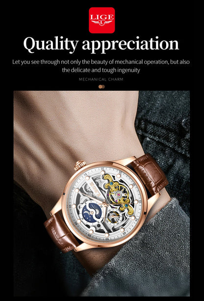 Neue LIGE Skelett Mechanische Automatik-Uhr Herren Tourbillon Sportuhr Freizeit Business Mond Armbanduhr Relojes Hombre