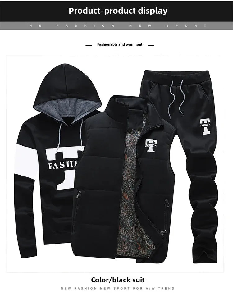 Herren Kapuzenpullover Herbst Winter Fleecegefüttert Verdicktes Freizeit-Sportanzug Modisches Dreiteiliges Set