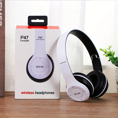 P47 Bluetooth 5.0 kabelloser Kopfhörer, faltbar, HIFI Stereo Bass Ohrhörer,  mit Mikrofon, USB-Adapter für iPhone und Spiele