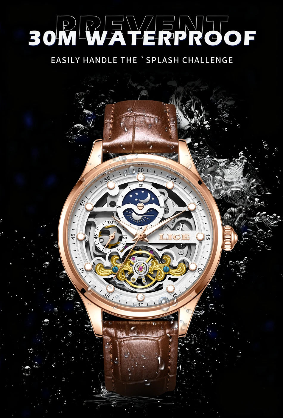 Neue LIGE Skelett Mechanische Automatik-Uhr Herren Tourbillon Sportuhr Freizeit Business Mond Armbanduhr Relojes Hombre