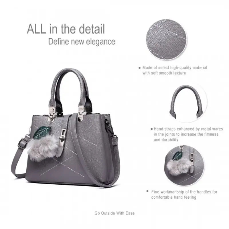 Miss Lulu Leder-Look Schultertasche mit Pom-Pom-Dekoration Stylische Handtasche für Damen Praktische Schultertasche