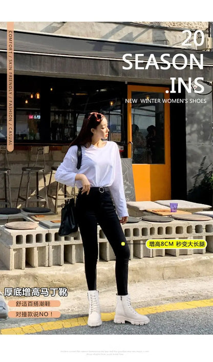 Stiefeletten 2025 Neuer koreanischer Stil mit Fleece gefüttert, Herbst-Winter High-Top Baumwollschuhe, Damenstiefel mit hohem Absatz, mittelhohe Stiefel