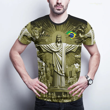 Brasilianische Flagge+Jesus 3D-Druck Sport Schnell trocknend Atmungsaktiv Herren Damen T-Shirt Outdoor Street Kurzarm