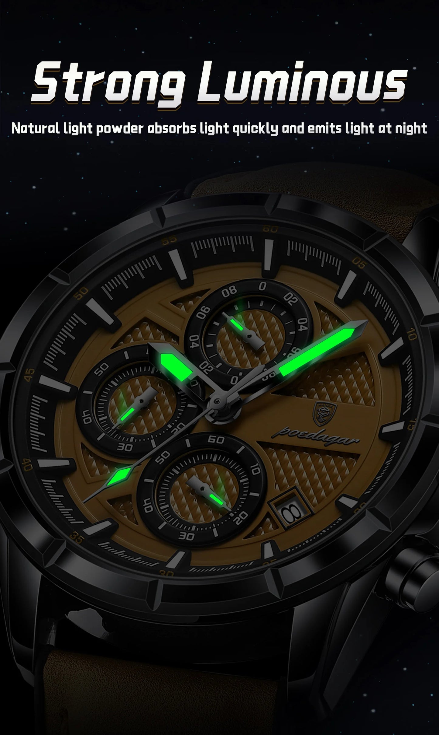 POEDAGAR Luxus Herrenarmbanduhr Quarz Original Leder Herren Uhren Datum Chronograph Wasserdicht Leuchtende Herrenuhr Männlich+Box
