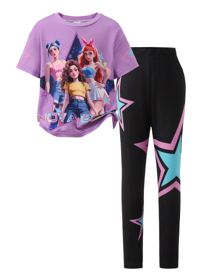 Frühling/Sommer Mädchen Mode Zweiteiliges Set, K-Pop Cartoon Anime 3D Druck Rundhalsausschnitt T-Shirt Enganliegende Hose Set