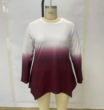 T-Shirt in Übergröße mit Farbverlauf für Frauen, lässiges Langarmshirt mit rundem Halsausschnitt für Frühling und Herbst.