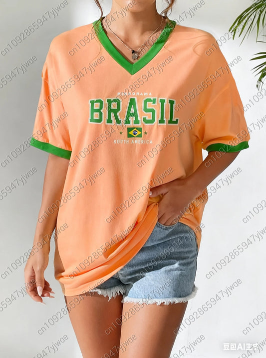 Sommer Damen V-Ausschnitt T-Shirt Brasilien Druck Leicht Atmungsaktiv Kurzarm Baseball T-Shirt Damen Trikot T-Shirt