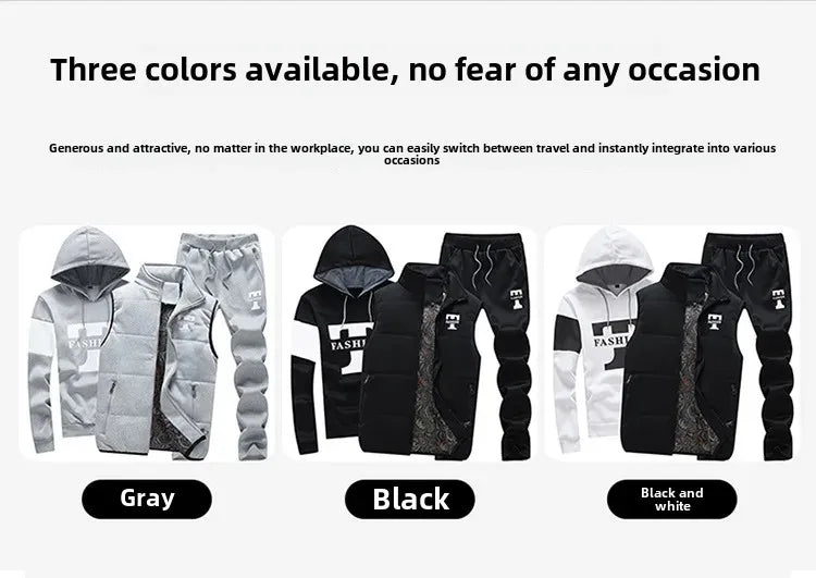 Herren Kapuzenpullover Herbst Winter Fleecegefüttert Verdicktes Freizeit-Sportanzug Modisches Dreiteiliges Set