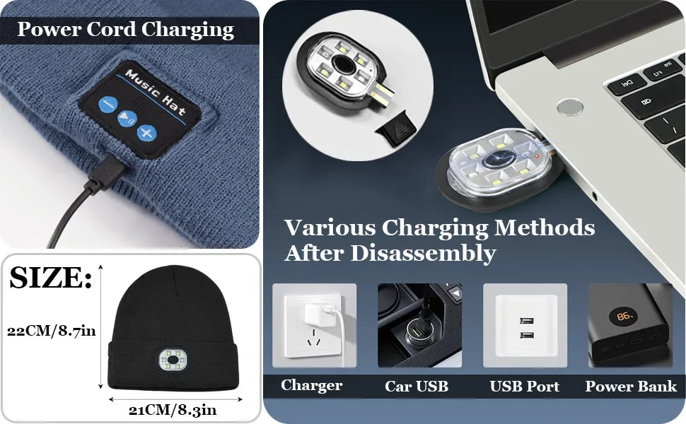 3-in-1 Bluetooth-Mütze, Bluetooth-Mütze mit Licht, Unisex 6 LED USB wiederaufladbar mit kabellosen Kopfhörern