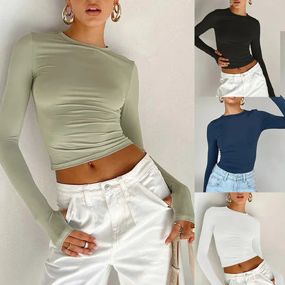 Damenmode T-Shirt mit langen Ärmeln, Rundhalsausschnitt, einfarbig, slim Fit, Crop-Top für Damen mit Daumenlöchern für den täglichen Streetwear-Sommer