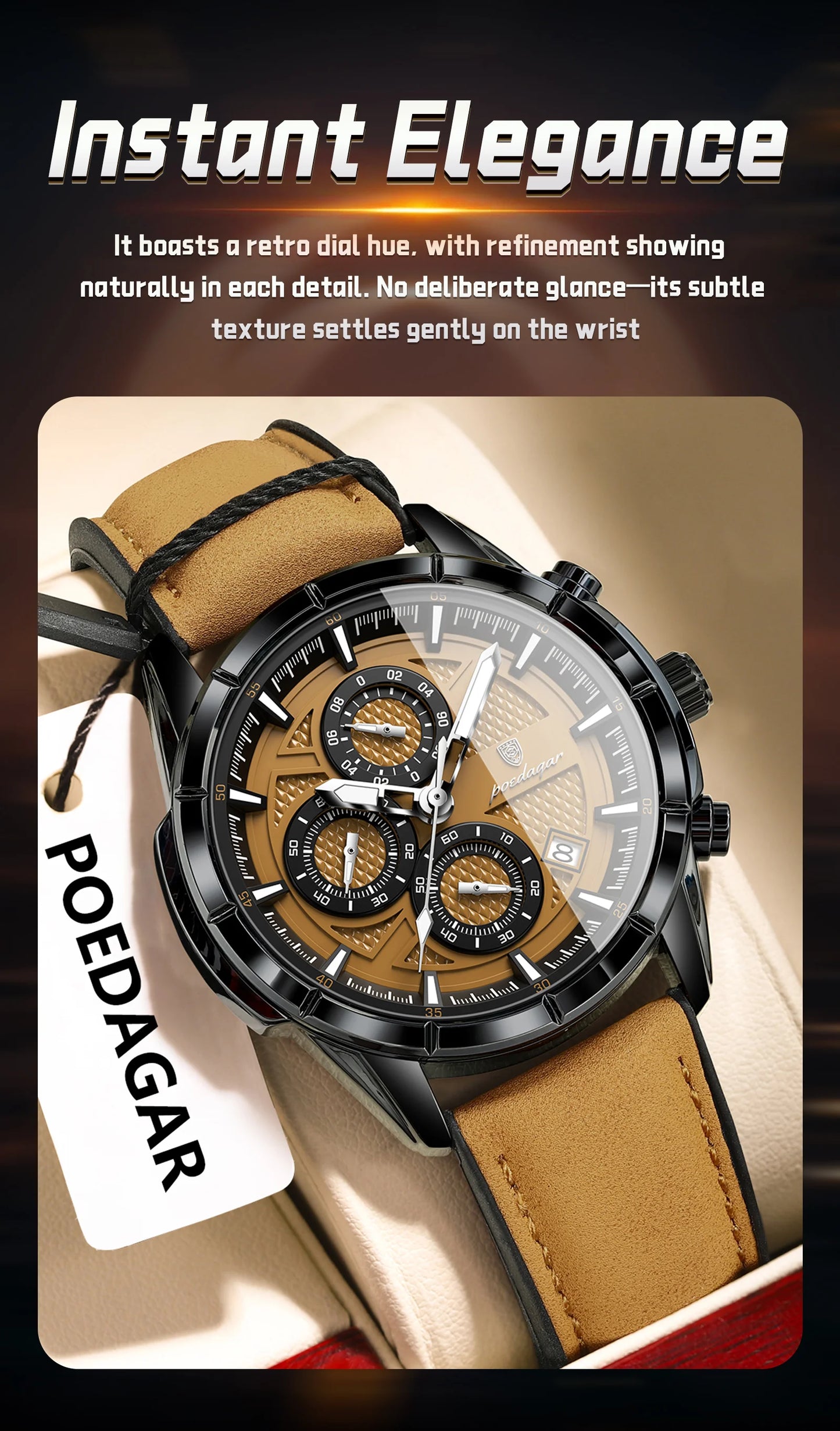 POEDAGAR Luxus Herrenarmbanduhr Quarz Original Leder Herren Uhren Datum Chronograph Wasserdicht Leuchtende Herrenuhr Männlich+Box